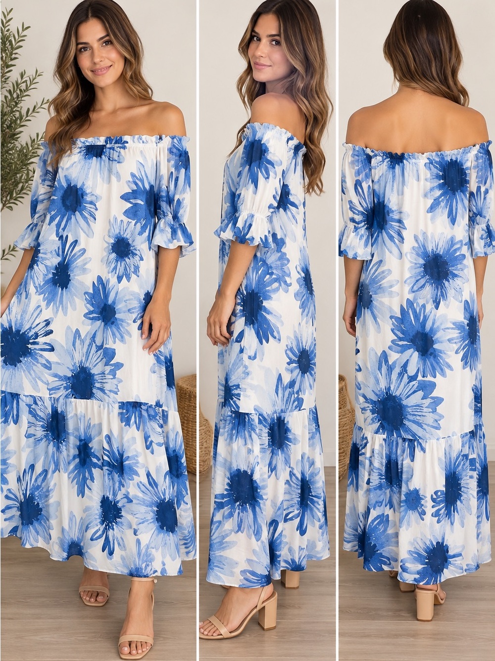 Flying Tomato Blue Floral Off Shoulder Maxi Dress Size L NWOT